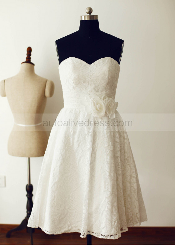 Strapless Sweetheart Ivory Lace Knee Length Wedding Dress